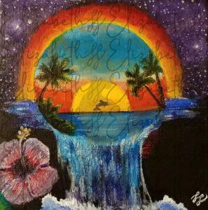 dolphin silhouette sunset rainbow palm trees waterfall in space hibiscus flower